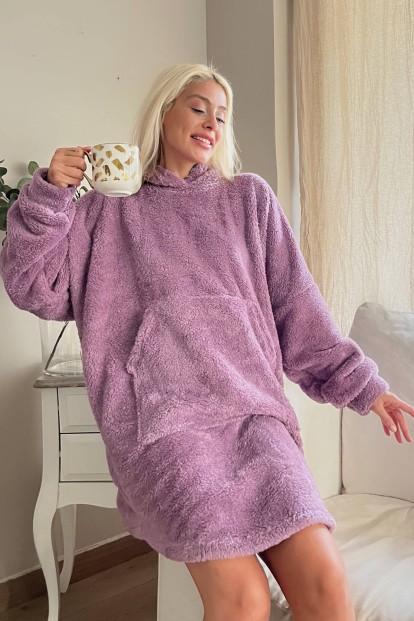 Lila Kapşonlu Tam Peluş Oversize Sweat Panço Pijama - Pijamaevi