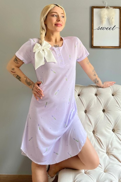 Lila Lavanta Desenli Kısa Kol Kadın Gecelik - Pijamaevi