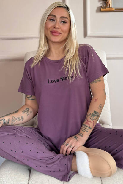 Lila Love Desenli Bambu Kısa Kol Kadın Pijama Takımı - Pijamaevi