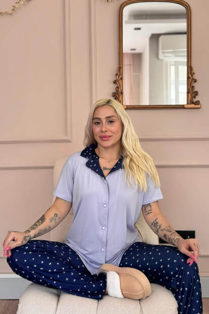 Lila Minifloral Exclusive Önden Düğmeli Kadın Pijama Takımı - Pijamaevi (1)