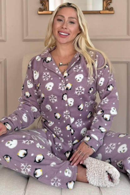 Lila Penguen Desenli Önden Düğmeli Peluş Polar Pijama Takımı - Pijamaevi