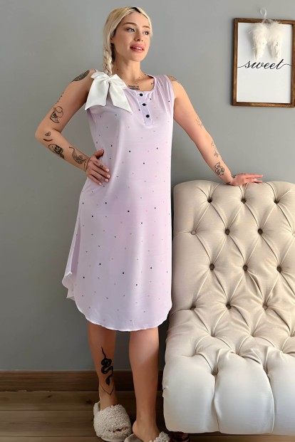 Lila Ragged Desenli Sıfır Kol Kadın Gecelik - Pijamaevi