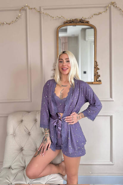 Lila Stars Desenli Bambu Crop Sabahlıklı Şortlu Kadın Pijama Takımı - Pijamaevi (1)