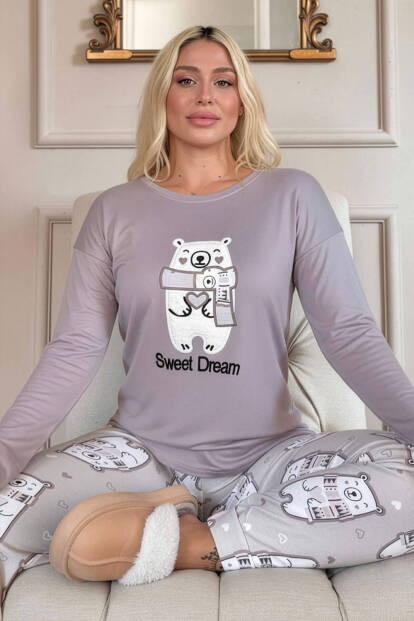 Lila Sweet Dream Desenli Termal Kadın Pijama Takımı - Pijamaevi