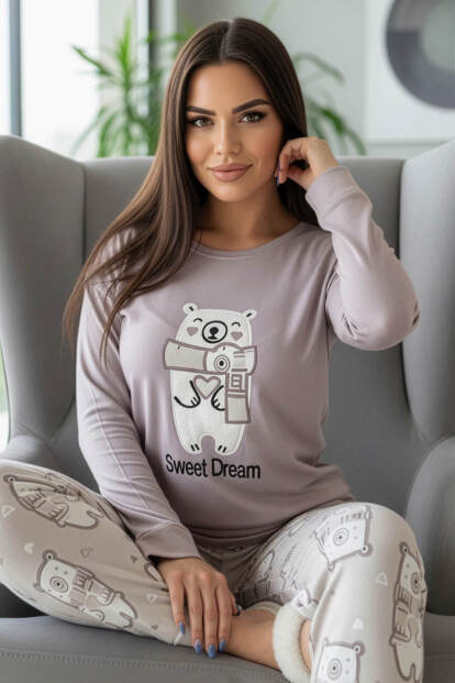 Lila Sweet Dream Desenli Termal Kadın Pijama Takımı - Pijamaevi