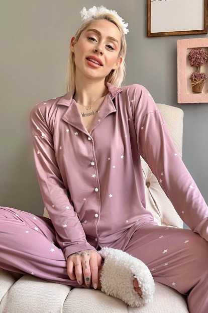 Lila Yıldız Desenli Bambu Önden Düğmeli Kadın Pijama Takımı - Pijamaevi