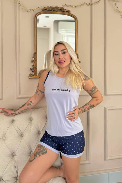 Lila You Are Desenli Sıfır Kol Şortlu Örme Kadın Pijama Takımı - Pijamaevi (1)