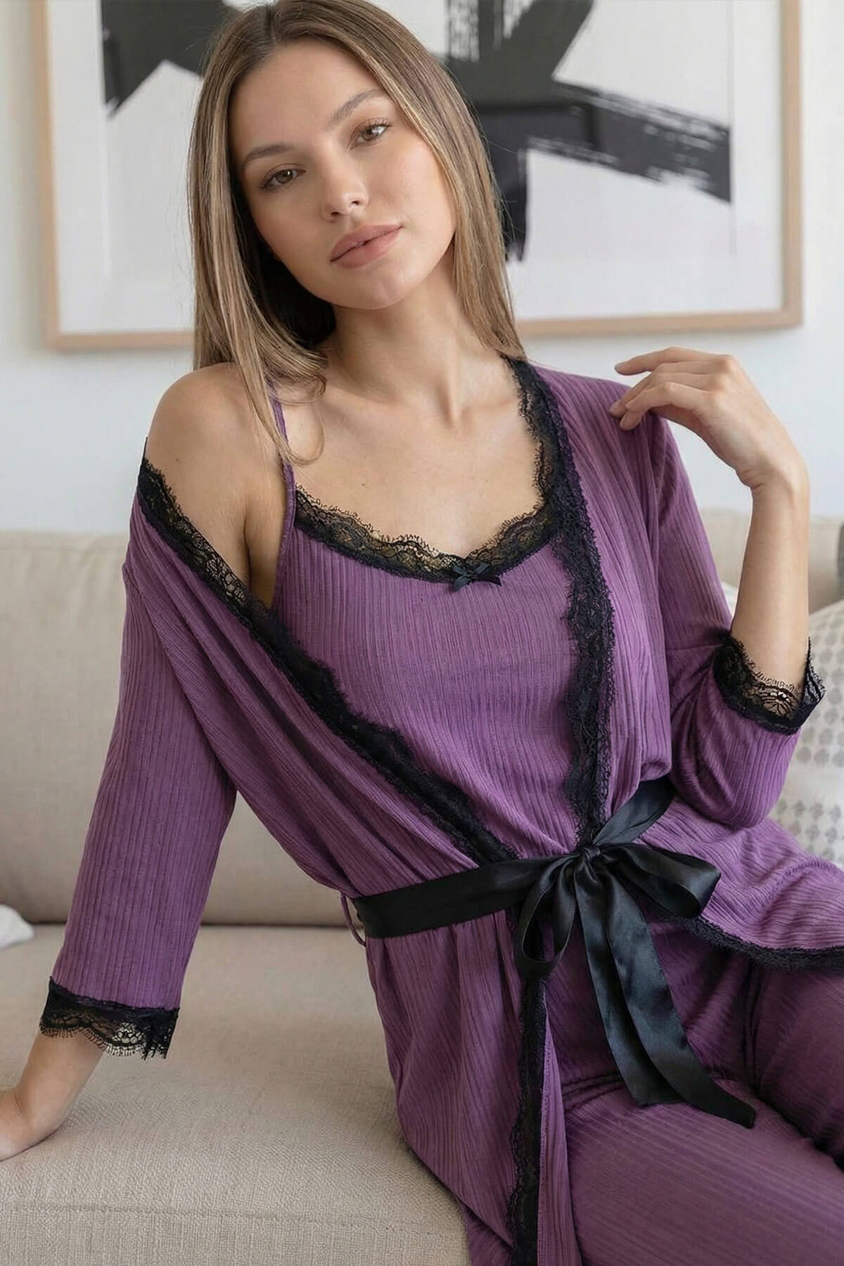Lilac Desenli Sabahlıklı Pegasus Pijama Takımı
