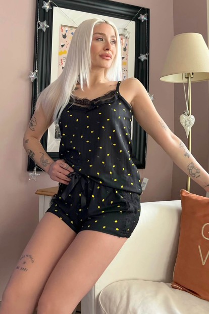 Limon Pegasus Dantel Detaylı İp Askı Şortlu Örme Pijama Takımı - Pijamaevi