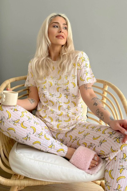 Lokale Banane Baskılı Kısa Kollu Kadın Pijama Takımı - Pijamaevi
