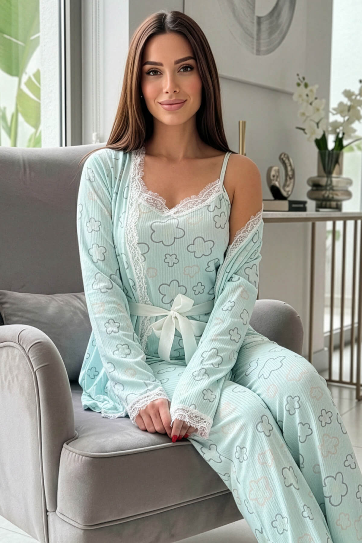 Mavi Çizgi Çiçek Desenli Sabahlıklı Pegasus Pijama Takımı