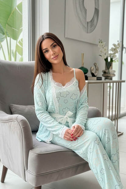 Mavi Çizgi Çiçek Desenli Sabahlıklı Pegasus Pijama Takımı - Pijamaevi (1)