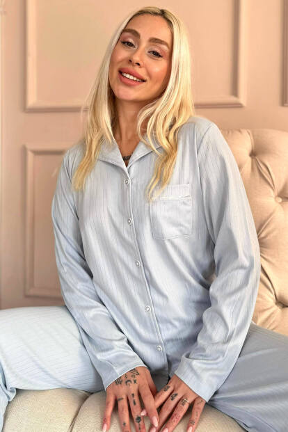 Mavi Dublin Önden Düğmeli Uzun Kollu Kadın Pijama Takımı - Pijamaevi