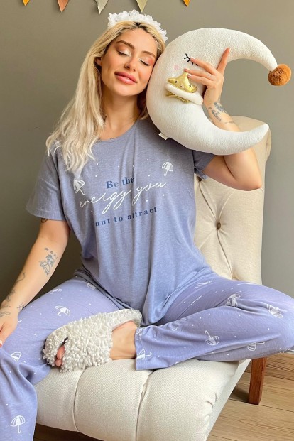 Mavi Energy Baskılı Kısa Kollu Kadın Pijama Takımı - Pijamaevi