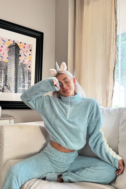 Mavi Fermuar Detaylı Crop Tam Peluş Pijama Takımı - Pijamaevi (1)