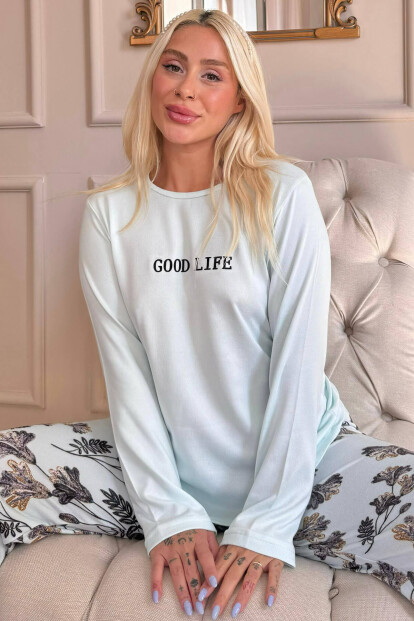 Mavi Good Life Desenli Termal Kadın Pijama Takımı - Pijamaevi