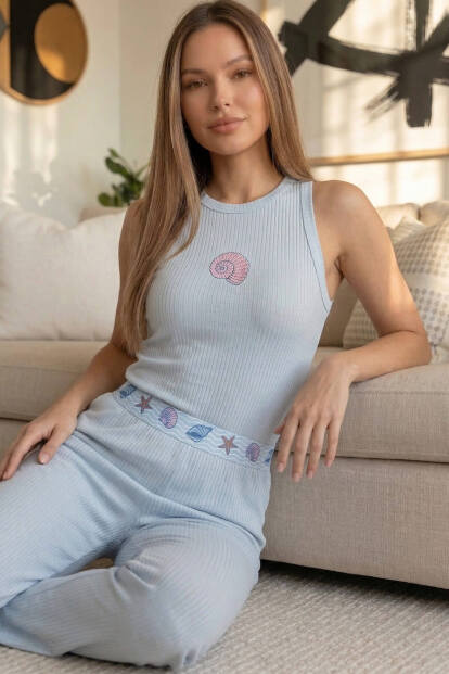 Mavi Marin Desenli Örme Sıfır Kol Kadın Pijama Takımı - Pijamaevi