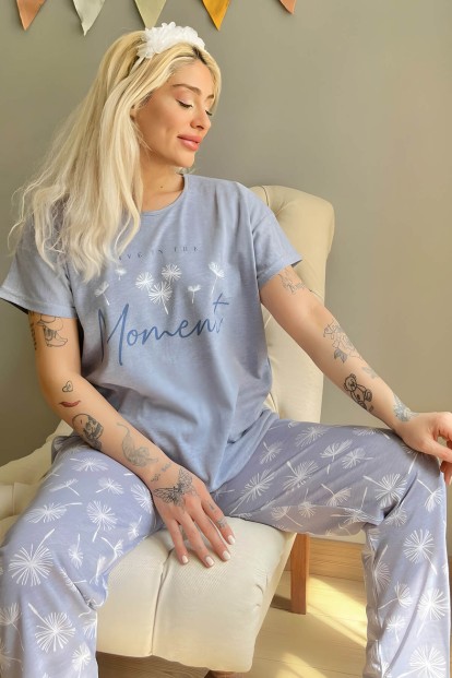 Mavi Moment Baskılı Kısa Kollu Kadın Pijama Takımı - Pijamaevi