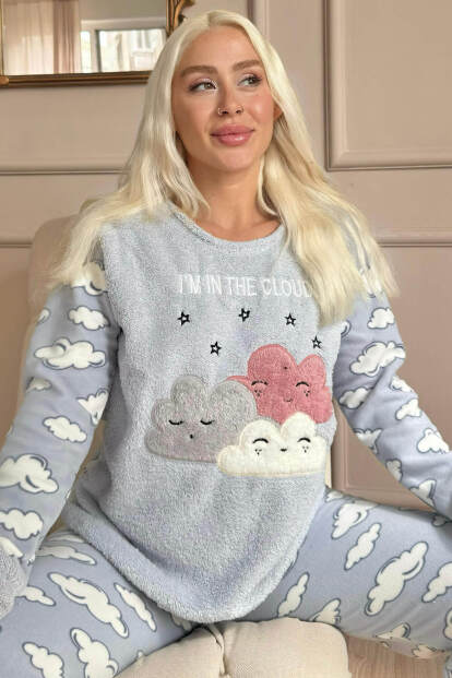 Mavi Moon Cloud Desenli Kadın Peluş Pijama Takımı - Pijamaevi
