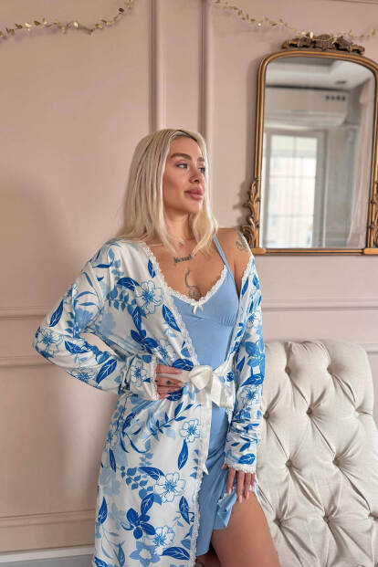 Mavi Noir Exclusive Örme Sabahlıklı Gecelik Kadın Pijama Takımı - Pijamaevi (1)