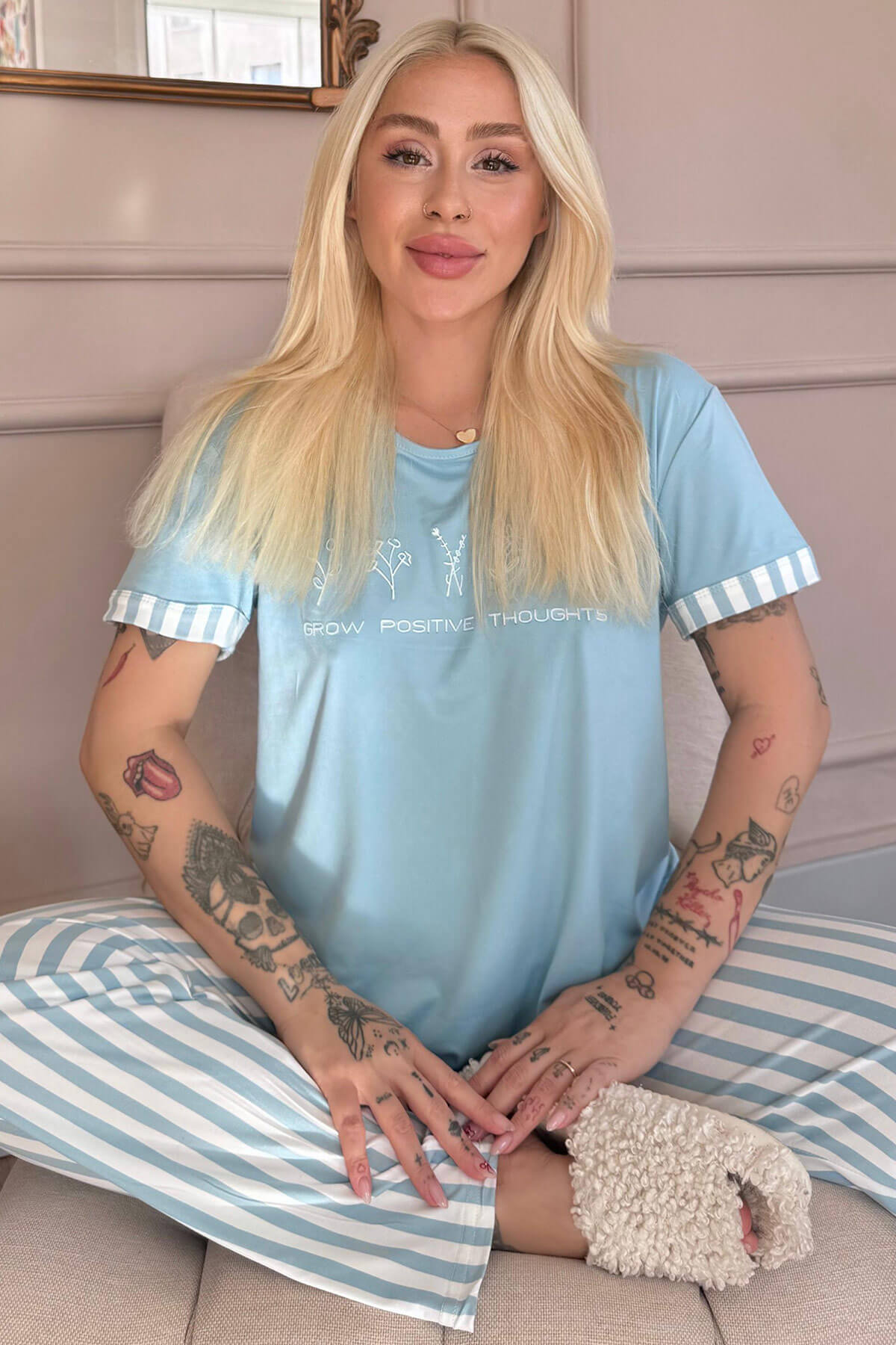 Mavi Positive Desenli Bambu Kısa Kol Kadın Pijama Takımı