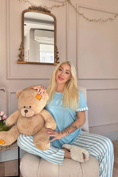 Mavi Positive Desenli Bambu Kısa Kol Kadın Pijama Takımı - Pijamaevi (1)