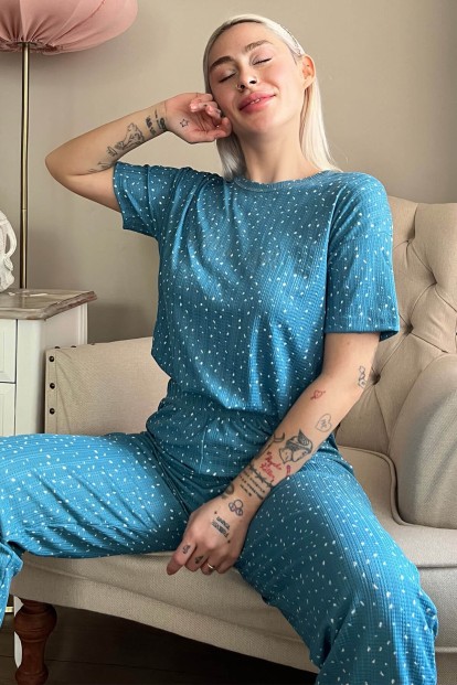 Mavi Style Desenli Örme Crop Kısa Kol Kadın Pijama Takımı - Pijamaevi