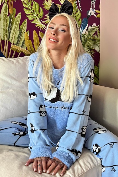 Mavi Zzz Wake Desenli Kadın Peluş Pijama Takımı - Pijamaevi