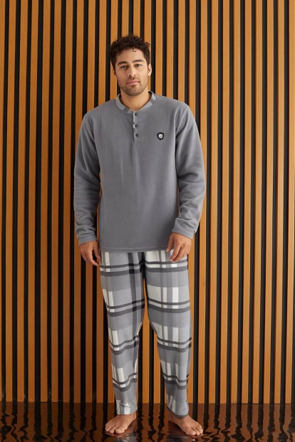 Melanj Ekose Desenli Polar Erkek Pijama Takımı - Pijamaevi (1)