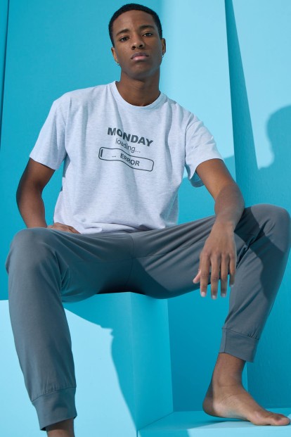Melanj Monday Baskılı Kısa Kollu Paça Manşetli Erkek Pijama - Pijamaevi