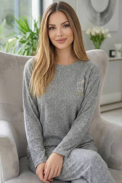 Melanj Rabbit Desenli Uzun Kollu Seul Örme Kadın Pijama Takımı - Pijamaevi