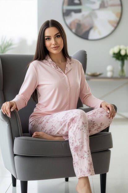 Mercan Florado Exclusive Önden Düğmeli Uzun Kollu Kadın Pijama Takımı - Pijamaevi (1)