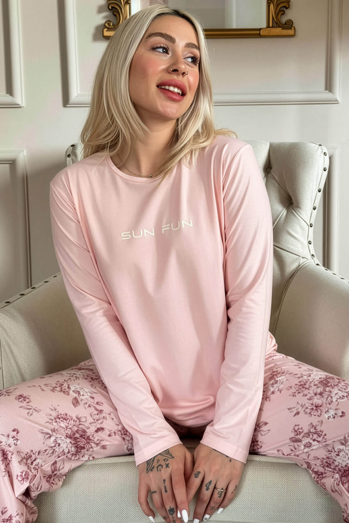 Mercan Sun Desenli Uzun Kollu Bambu Örme Kadın Pijama Takımı