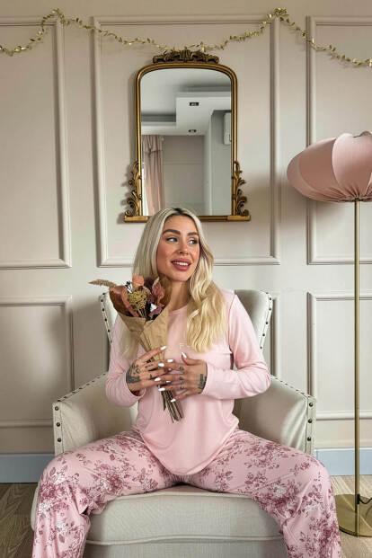 Mercan Sun Desenli Uzun Kollu Bambu Örme Kadın Pijama Takımı - Pijamaevi (1)