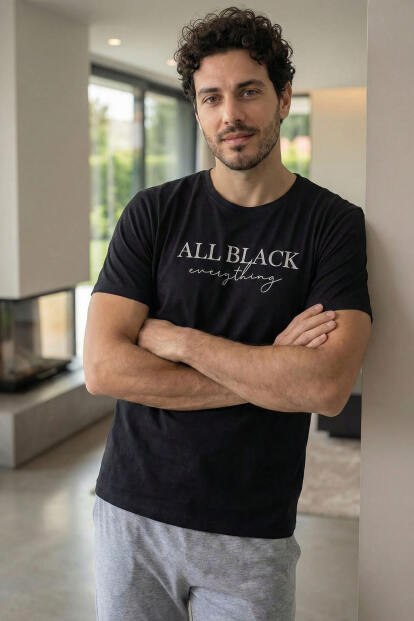 Midnight All Black Baskılı Kısa Kollu Cotton Erkek Pijama Takımı - Pijamaevi (1)