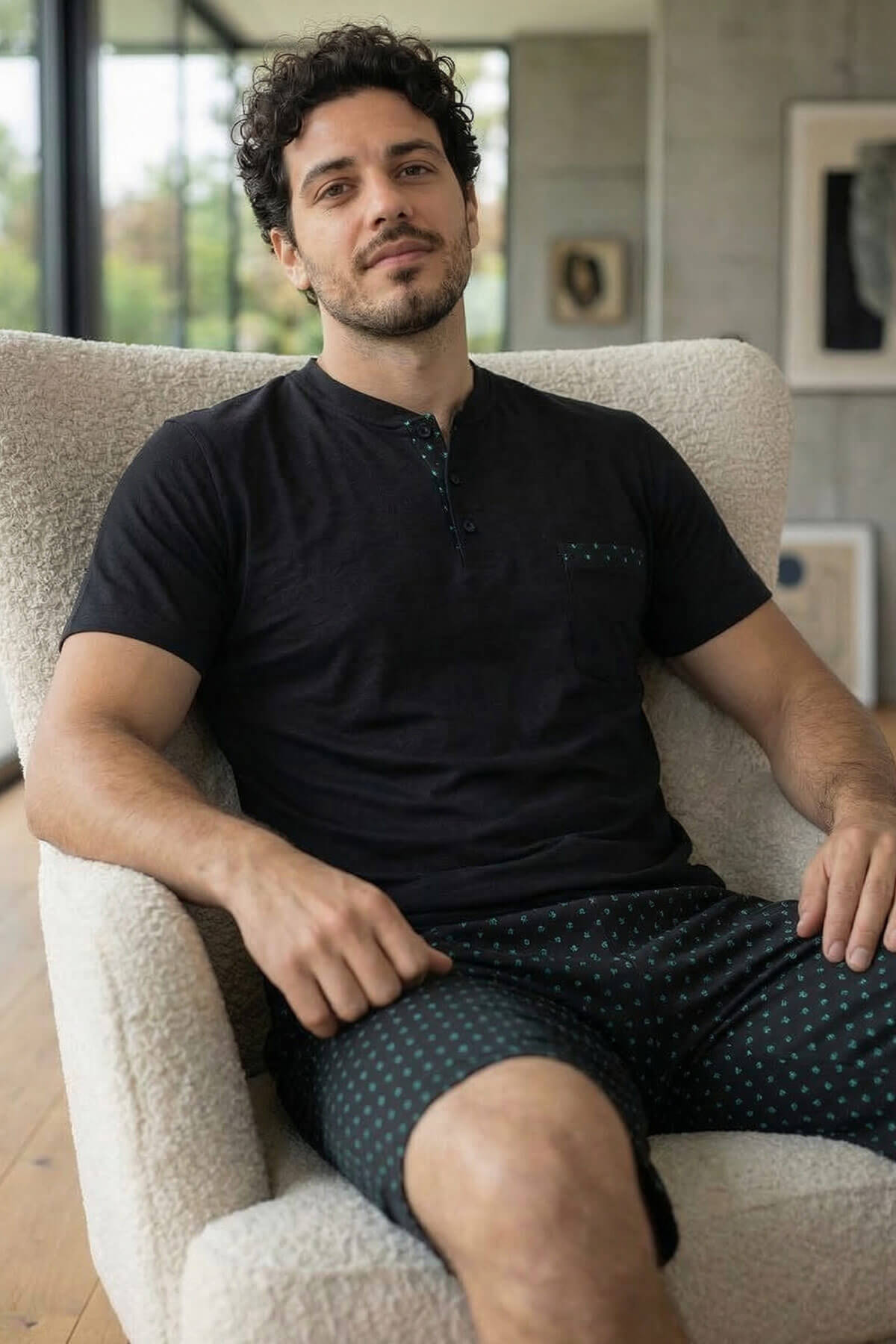 Midnight Black Şortlu Pat Detaylı Elegant Erkek Pijama Takımı