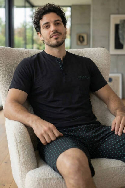Midnight Black Şortlu Pat Detaylı Elegant Erkek Pijama Takımı - Pijamaevi