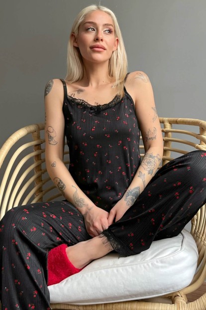 Mini Fleur Dantelli İp Askılı Örme Kadın Pijama Takımı - Pijamaevi