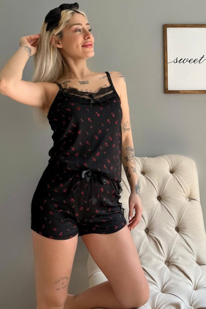 Minimal Çiçek Pegasus Dantel Detaylı İp Askı Şortlu Örme Pijama Takımı - Pijamaevi