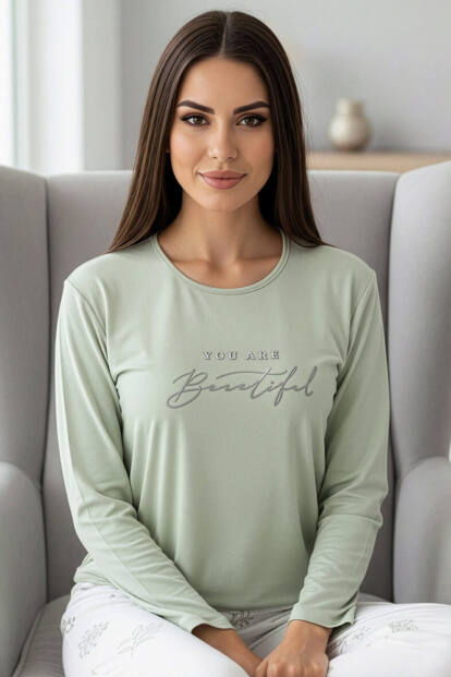 Mint Beautiful Desenli Uzun Kollu Bambu Örme Kadın Pijama Takımı - Pijamaevi