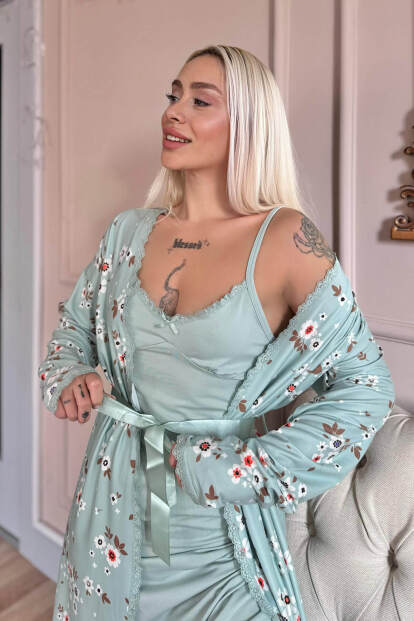 Mint Charm Exclusive Örme Sabahlıklı Gecelik Kadın Pijama Takımı - Pijamaevi