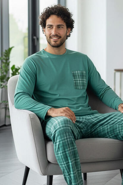 Mint Desenli Stylish Erkek Uzun Kol Pijama Takımı - Pijamaevi