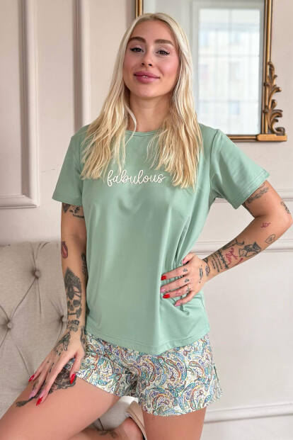 Mint Fabulous Desenli Kısa Kollu Şortlu Örme Kadın Pijama Takımı - Pijamaevi