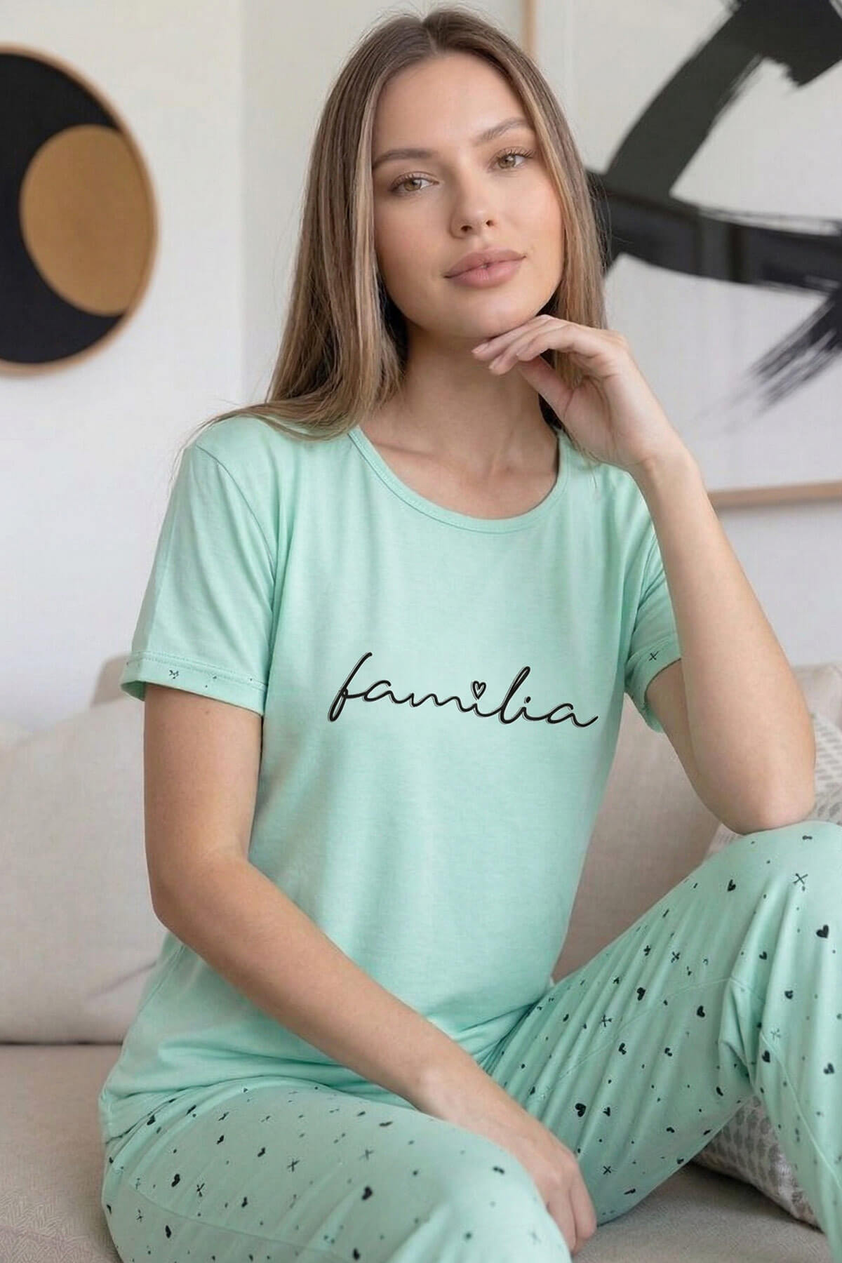Mint Familia Desenli Bambu Kısa Kol Kadın Pijama Takımı