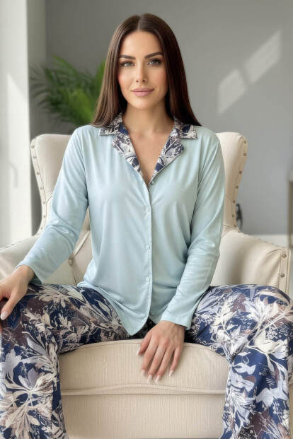 Mint Florado Exclusive Önden Düğmeli Uzun Kollu Kadın Pijama Takımı - Pijamaevi