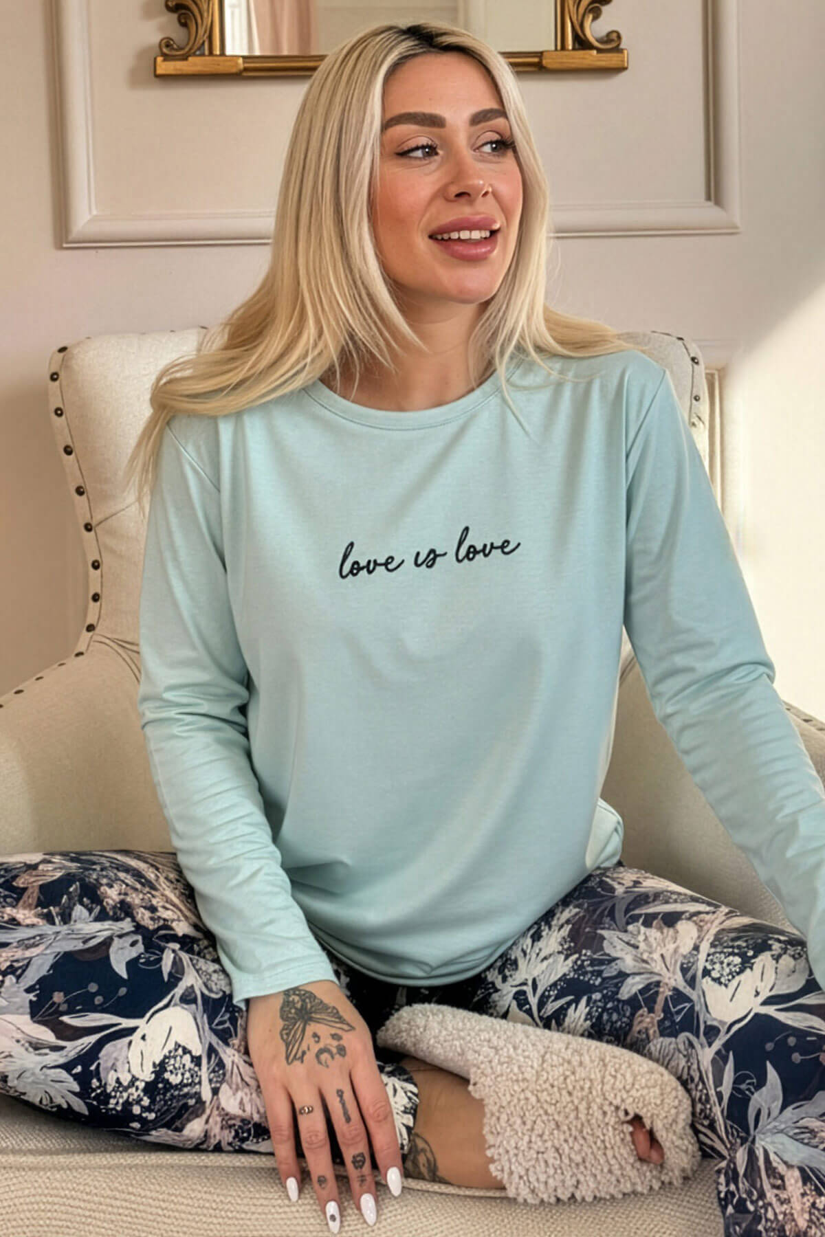 Mint Love is Love Desenli Uzun Kollu Bambu Örme Kadın Pijama Takımı