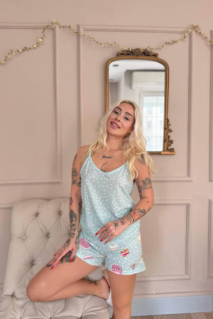 Mint Macoron Desenli İp Askılı Şortlu Kadın Pijama Takımı - Pijamaevi (1)