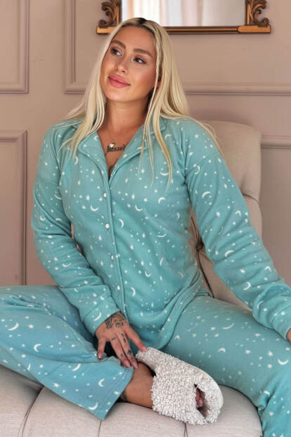 Mint Moon Stars Desenli Önden Düğmeli Peluş Polar Pijama Takımı - Pijamaevi