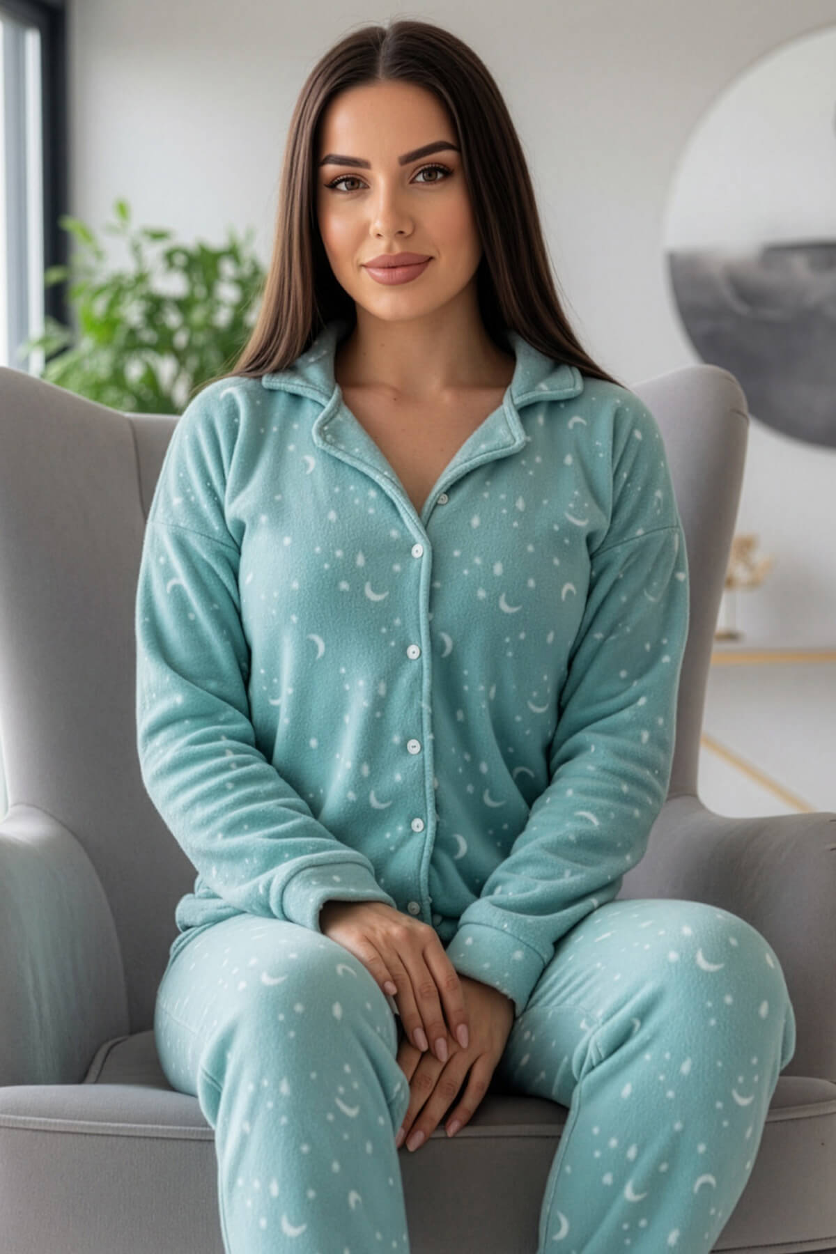 Mint Moon Stars Desenli Önden Düğmeli Peluş Polar Pijama Takımı