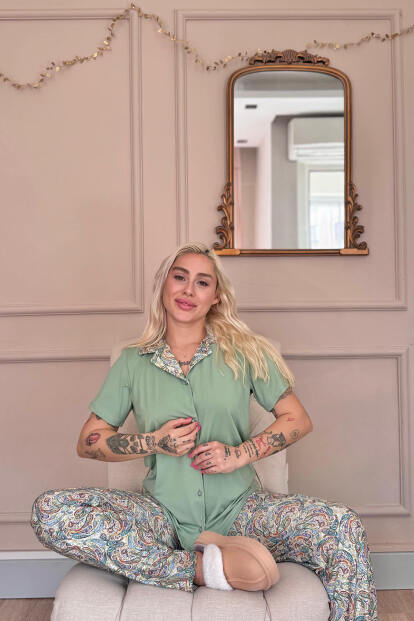 Mint Paisley Exclusive Önden Düğmeli Kadın Pijama Takımı - Pijamaevi (1)